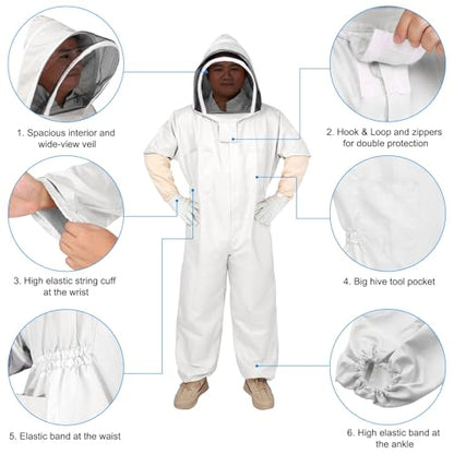 HARFINGTON 3Sets Bee Suit for Men and Women XXL Beekeeping Suits Outfit with Glove and Veil Hood Bee Suits for Men Proof Backyard Professional and Beginner Bee Keeper Thick, White - size: XXL