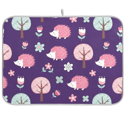 Hedgehog Flower Trees Purple Dish Drying Mat for Kitchen Counter Super Absorbent Draining Mat with Non-slip Backed Dish Rack Pad for Sinks Countertops Draining Racks Dish Bottles Cups Bowl