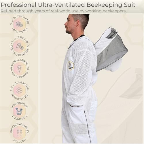 3-Layer Ventilated Bee Suit for Men and Women, Protective Beekeeping Suit with Bee Gloves and Detachable Fencing Veil, YKK Brass Zippers (Medium) - size: Medium