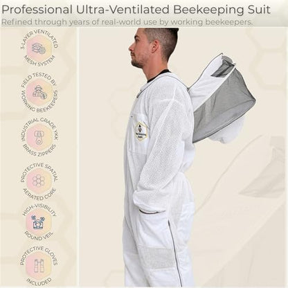 3-Layer Ventilated Bee Suit for Men and Women, Protective Beekeeping Suit with Bee Gloves and Detachable Fencing Veil, YKK Brass Zippers (Medium) - size: Medium