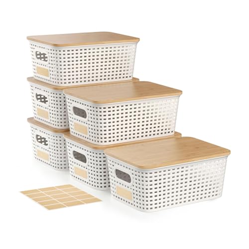 6Pcs Storage Bins with Lids, Stackable Plastic Storage Basket with Bamboo Lid, Pantry Organizer Box Small Containers for Organizing Shelves Drawer Desktop Closet Cabinet Office Classroom 10x7.1x4.1in - color: Cream White
