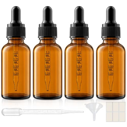 PrettyCare 4 Pack 1 oz Amber Glass Dropper Bottle with Black Cap, 30ml Tincture Bottles with Graduated Droppers - Small Eye Dropper Bottles for Essential Oils, Beauty & Travel - color: 1oz Amber with Black Cap, style: 4 Pack