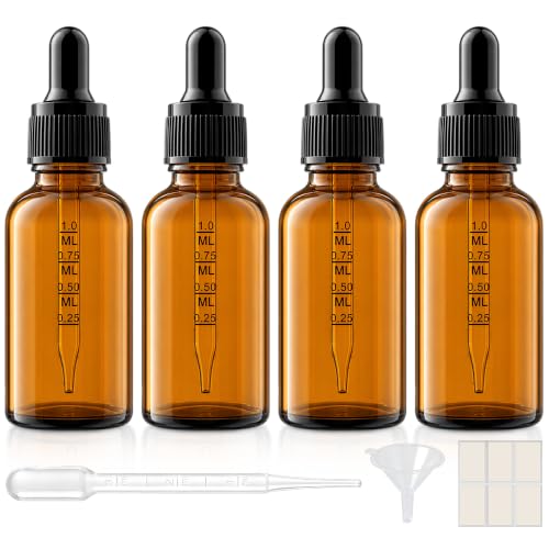PrettyCare 4 Pack 1 oz Amber Glass Dropper Bottle with Black Cap, 30ml Tincture Bottles with Graduated Droppers - Small Eye Dropper Bottles for Essential Oils, Beauty & Travel - color: 1oz Amber with Black Cap, style: 4 Pack