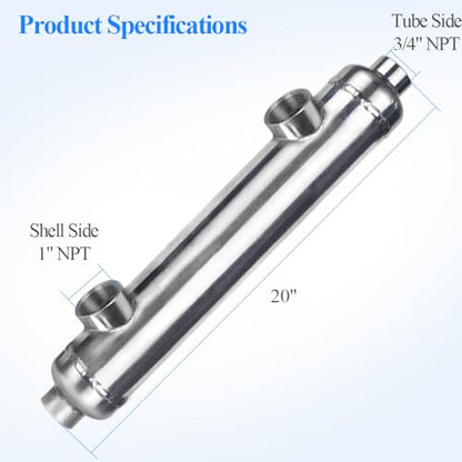 AB 85 kBtu Stainless Steel Pool Heat Exchanger 316L Same Side Ports 1" & 3/4" FPT - size: 85K-S