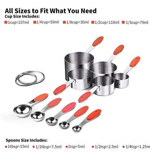 Measuring Cups : U-Taste 18/8 Stainless Steel Measuring Cups and Spoons Set of 10 Piece, Upgraded Thickness Handle(Red) - color: Red