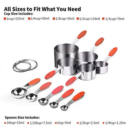 Measuring Cups : U-Taste 18/8 Stainless Steel Measuring Cups and Spoons Set of 10 Piece, Upgraded Thickness Handle(Red) - color: Red
