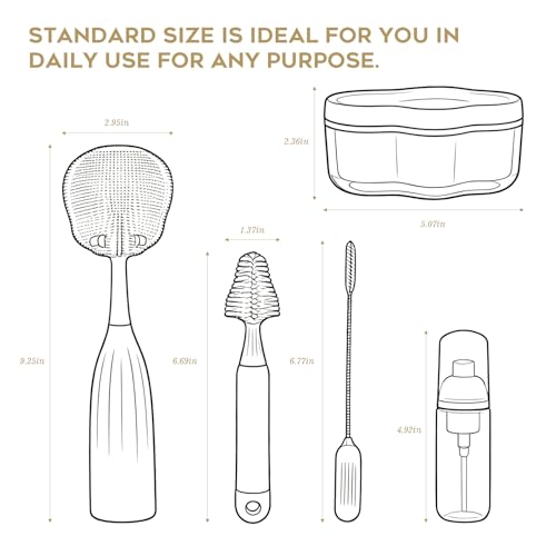 Baby Bottle Brush Set, Silicone Bottle Brush Cleaner with Nipple & Straw Brushes, Push-Press Bubble and Drying Rack for Bottle Cleaning,BPA-Free,Bottle Washer Brush for Breast Pump - color: Beige