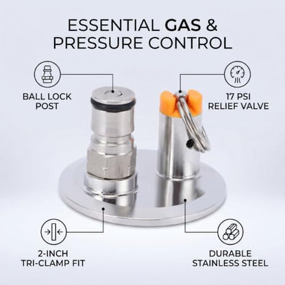 Stainless Steel Clamp End Cap 2 Inch TC Fitting with 17 PSI PRV and Lock Post for Fermenter Kegs