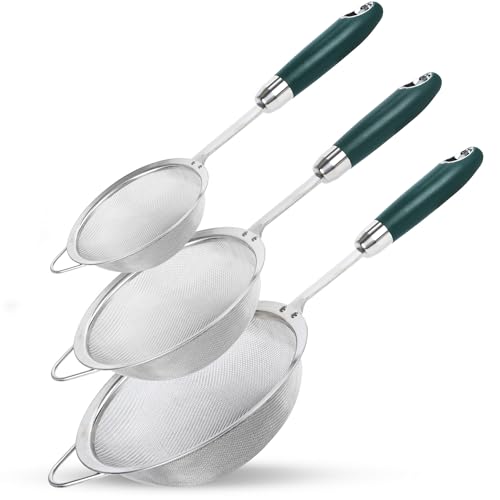 18/10 Stainless Steel 40 Mesh Strainer Set for Rice, Flour & Tea | Three versatile sizes with fine 40-mesh filtration for rinsing, sifting, straining, and food preparation. - color: Green