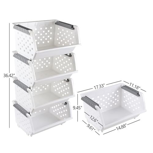 4-Pack Plastic Stackable Storage Baskets, Open Front Kitchen Organizer Basket Bin, White, F