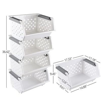 4-Pack Plastic Stackable Storage Baskets, Open Front Kitchen Organizer Basket Bin, White, F