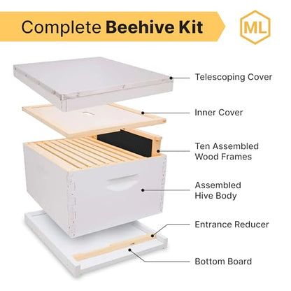 Mann Lake Traditional Complete Bee Hive Kit, 9⅝" Deep Hive Body with 10 Frames & Beeswax Coated Food-Grade Plastic Foundation, Weather Resistant Telescoping Cover & Bottom Board, Made in USA, Painted - color: Painted Hive Kit