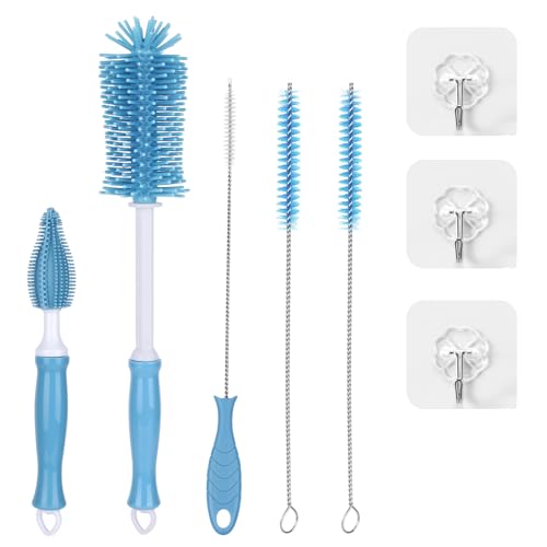5-in-1 Silicone Bottle Brush Set, Baby Bottle Cleaning Brush with Straw Cleaner & Nipple Brush, BPA-Free Food-Grade Dishwasher Safe for Baby Bottles, Water Bottles, Sippy Cups, Sports Bottles - color: Blue