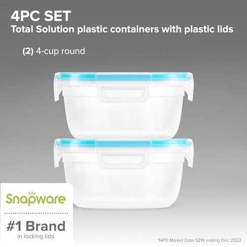 Snapware Plastic Total Solution 2-Pack (4-Cup) Food Storage Containers Set, Leakproof & Airtight Plastic Locking Lids Round Tupperware, Non-Toxic BPA-Free Lids, Microwave Dishwasher Freezer Safe - size: 2 Pack, style: 4 Cup