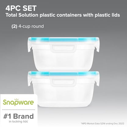 Snapware Plastic Total Solution 2-Pack (4-Cup) Food Storage Containers Set, Leakproof & Airtight Plastic Locking Lids Round Tupperware, Non-Toxic BPA-Free Lids, Microwave Dishwasher Freezer Safe - size: 2 Pack, style: 4 Cup