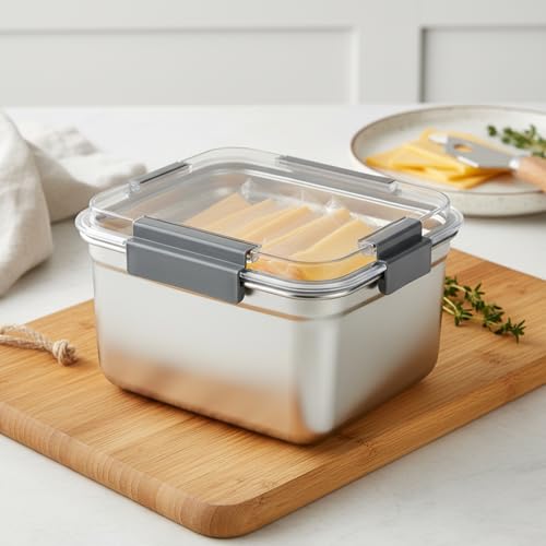 Cheese Container for Refrigerator,Cheese Stainless Steel Container with Lids,Deli Meat Saver, Non Toxic Airtight Storage Container for Stackable Sliced Grated,Shredded,Cheddar Cheeses Holder-Big - size: Large