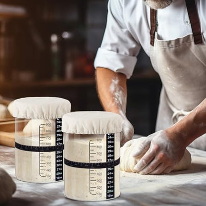 Yungyan 2 Sets Sourdough Starter Jar 34 oz Sourdough Starter Kit with Thermometer, Scraper, Cloth Cover and Bamboo Lid Wide Mouth Sour Dough Jar Container Bread Kit