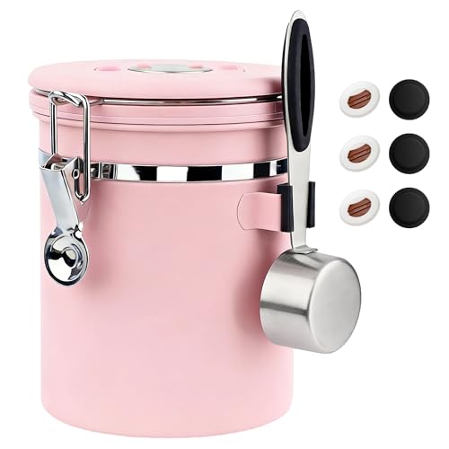 ShanSon Coffee Canister Airtight, Stainless Steel Bean Storage Container with Date Tracker & Scoop, Grounds Sugar Flour Tea Cereal Fits Kitchen Pantry, Ideal Gift for Coffee Lovers,16oz, Pink - color: Pink-Upgraded Version, size: 16oz