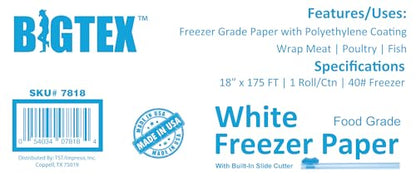 White Freezer Paper 18 inch x 175 feet, 2” Core, 1 Roll, 40lb. Big Tex by ALLIANCE – Food Grade Paper W/Side Cutter, Made in the USA