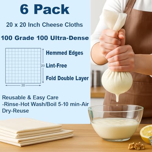 6 Pcs Cheesecloth for Straining 20x20 Inch – Reusable Grade 100 Muslin Cloth, Ultra-Fine 56x42 Weave, 100% Unbleached Cotton with Hemmed Edges, Cheese Cloth Strainer for Yogurt, Nut Milk & Baking - size: 6 PCS - 20x20 Inch