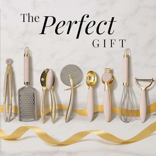 Gold and Beige Kitchen Utensils Set – 8 PC Cooking Gadgets with Mini Gold Whisk and Tongs, Pizza Cutter, Garlic Press, Cheese Grater, Peeler, Can Opener, Scoops – Stylish Beige Kitchen Accessories - color: 8 Piece Beige & Gold