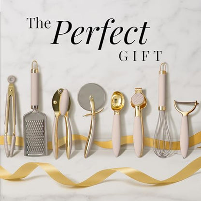 Gold and Beige Kitchen Utensils Set – 8 PC Cooking Gadgets with Mini Gold Whisk and Tongs, Pizza Cutter, Garlic Press, Cheese Grater, Peeler, Can Opener, Scoops – Stylish Beige Kitchen Accessories - color: 8 Piece Beige & Gold