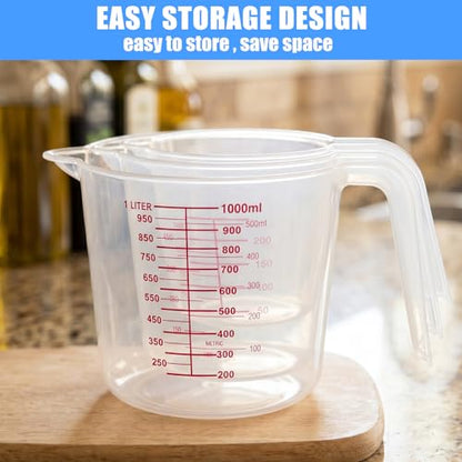 DTDNZKN 3 Pack Measuring Cups, 250ml (1-Cup), 500ml (2-Cup) &1000ml (4-Cup) | Plastic Liquid Measuring Cups - Clear Markings for Baking, Cooking, Mixing, Oil & Water Measurement - Essential Kitchen Tools