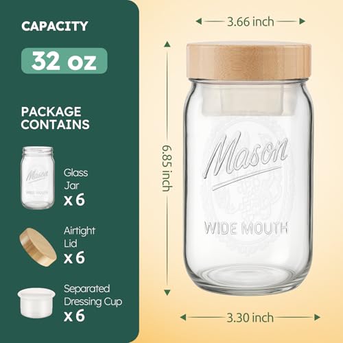 32 oz Glass Jars, Wide Mouth Mason Jars with Bamboo Airtight Lids for Food Storage, Snacks, Meal Prep & Lunch Leakproof (6 Pack - Bamboo) - color: 6 Pack - Wood