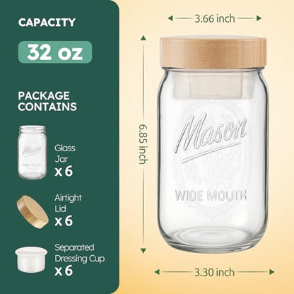 32 oz Glass Jars, Wide Mouth Mason Jars with Bamboo Airtight Lids for Food Storage, Snacks, Meal Prep & Lunch Leakproof (6 Pack - Bamboo) - color: 6 Pack - Wood
