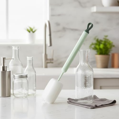 Long Handle Bottle Cleaning Brush with Soft Sponge Head for Deep Cups, Narrow Neck Bottles & Vases - 13 Inch - color: Green