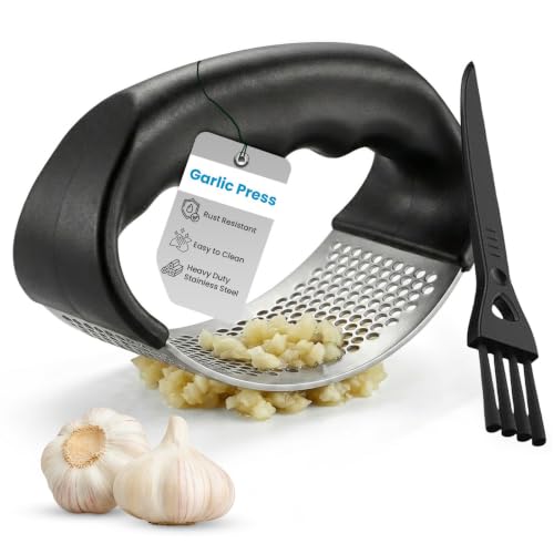 Stainless Steel Garlic Press – Easy Garlic Crushing for Daily Cooking, Durable Rust-Proof Garlic Mincer, Heavy Duty Crusher & Chopper Tool with Cleaning Brush, Comfortable Grip Handle