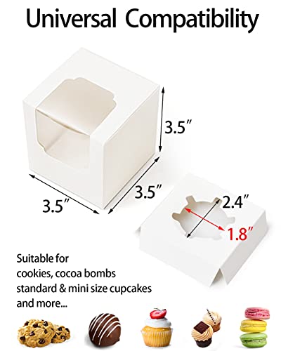 Happyhiram Cupcake Boxes 200 Pcs Bulk white Individual Cupcake Box, Single Cupcake Containers Paper Holders with Inserts and Window for Muffins Cocoa Bombs Packaging Togo Boxes - color: Pure White, size: 200-Count