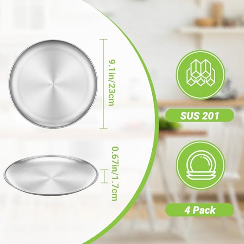 Metal Camping Plates, 4 Pack 9.1 inch Small 201 Stainless Steel Plates, Reusable Pizza Food Serving Snack Eating Salad Dishes Round Shatterproof Brushed Finish Silver Dish Oven Dishwasher Safe - size: 9.1"