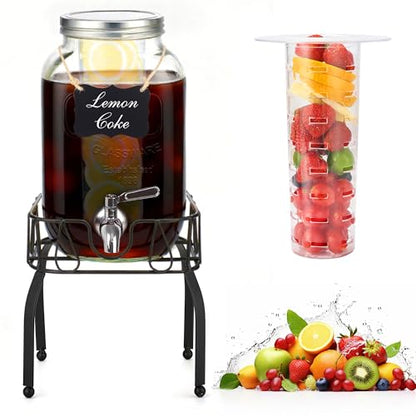 Glass Drink Dispensers for Parties, Beverage Dispenser with Stand, Ice Cylinder and Stainless Steel Spigot 100% Leakproof, Beverage Dispenser for Lemonade Sun Tea (2 Gallon Single with Stand) - size: 2 Gallon Single with Stand
