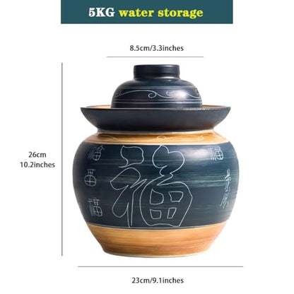 Traditional Chinese Fu Pattern Kimchi Jar, Double-lid Fermentation Crock, Thickened Ceramic Pickling Vessel, for Kombucha(5kg/176.4oz) - size: 5kg/176.4oz