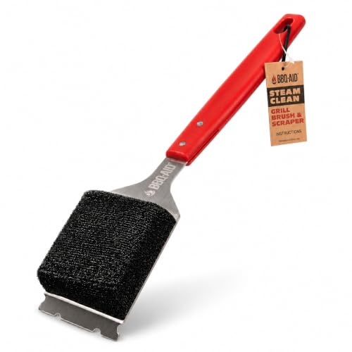 Bristle Free Grill Brush Cleaner and Scraper for Barbecue, Replaceable Head | Safe Bristle-Free Stainless Steel Scrub Pad with Heavy-Duty Scraper & Long Red Handle, Safe on Any Grill Grate - color: Red