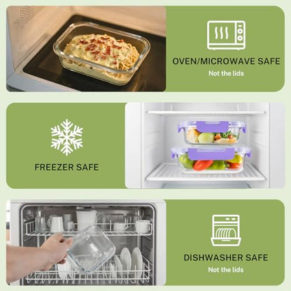 HOMBERKING 8 Pack Glass Food Storage Containers with Lids, Meal Prep Containers, Airtight Bento Boxes with Leak Proof Locking for Microwave, Oven, Freezer and Dishwasher, BPA Free, 5-35oz, purple - color: Purple
