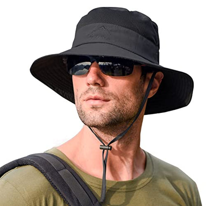 Sun Hats for Men Women Fishing Hat UPF 50+ Breathable Wide Brim Summer UV Protection Hat - color: 1pack-black