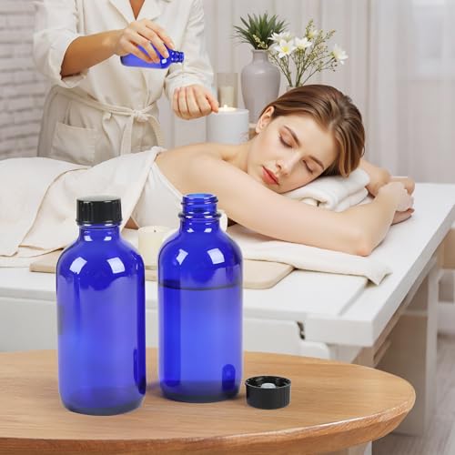 ZBCCCEOB 4 oz Small Glass Bottles with Lids, Boston Round Shot Bottles for Ginger Juice, Essential Oils - Leak Proof Mini Travel Containers(Blue, 24Pack) - color: Blue UV, size: 4oz 24