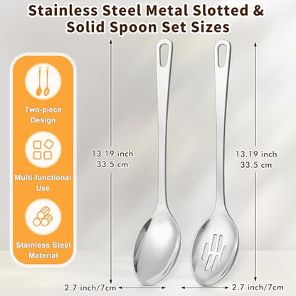 2 Pcs Stainless Steel Cooking Spoons Set, Solid & Slotted Metal Serving Spoons, Heavy Duty Sturdy Large Soup Ladle, High Heat Resistant Kitchen Cooking Utensils for Mixing, Stirring, Easy to Clean
