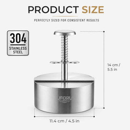 UFORU 4.5 Inch Burger Press,304 Stainless Steel Hamburger Patty Maker,Heavy Duty Non-Stick Patty Press,Spring Back Design,Dishwasher Safe Burger Maker for Smash Burgers Ground Beef,BBQ,Kitchen - size: 4.5inch