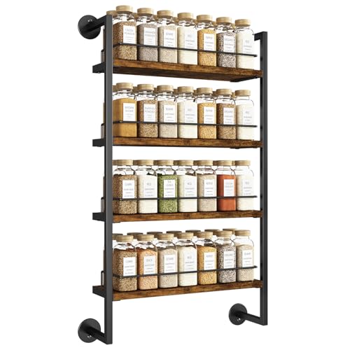IBUYKE Spice Rack Wall Mount,4 Tier Hanging Seasoning Organizer,Large Spice Rack for Wall for up to 50 Jars,Spice Organization for Kitchen Cabinet,Bathroom,Pantry,Living Room,Brown TLJ016H - color: Rustic Brown, size: 4 Tier