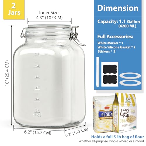 1 Gallon Wide Mouth Glass Jars with Airtight Lids, Large Glass Storage Containers with Lids, 4200 ML Mason Jars with 2 Scales - Canning Jars with Large Capacity, Canister for Pet Food, 2 Pack