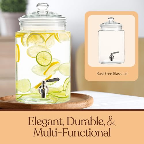 Large Glass Drink Dispenser with Spout – 1.5 Gallon Tall Mason Jar Style Beverage Server with Airtight Lid & Metal Spigot for Water, Tea, Juice, Punch, or Cocktails - size: 1.5 Gallon