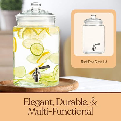 Large Glass Drink Dispenser with Spout – 1.5 Gallon Tall Mason Jar Style Beverage Server with Airtight Lid & Metal Spigot for Water, Tea, Juice, Punch, or Cocktails - size: 1.5 Gallon