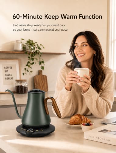 Cocinare Gooseneck Electric Kettle, ±1°F Precise Temperature Control, 1500W Fast Heating, Pour Over Coffee & Tea Kettle with Brew Timer & Keep Warm, Stainless Steel, 0.9L (Delacroix Green) - color: Delacroix Green