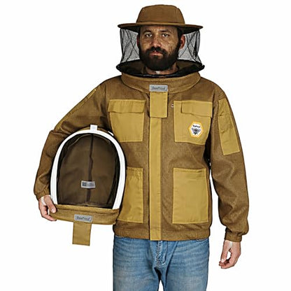 Bee Jacket Mesh Ventilation for Professional Beekeeper's Total Protection - Light Weight - YKK Zipper with Carring Bag 2 Veil Options (Fencing & Round) BP-401 (Brown - L) - color: Brown, size: L
