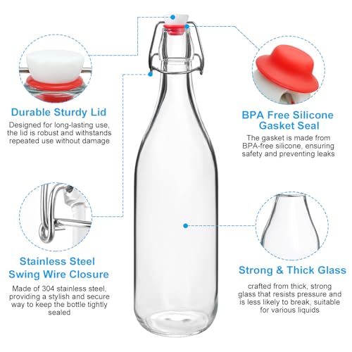Swing Top Bottles 33oz,1 Liter Flip Top Glass Bottles with Airtight Grolsch Closures,Reusable for Kombucha, Vanilla,Beer, Cold Brew, Homemade Beverages Storage