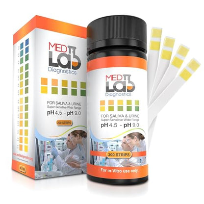 pH Test Strips 4.5 to 9.0 (200 ct) for Urine and Saliva Body pH Testing. Urinalysis Reagent Test Strips for Acidity and Alkalinity. Alkaline Diet Food and Acid pH Testing