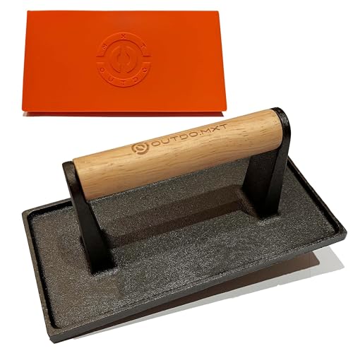 Burger Press Smash Burger Press for Blackstone Griddle Heavy Duty Cast Iron 8.5"X4.3" Rectangular Grill Press Bacon Press with Wood Handle and Silicone Protective Cover - size: Cast Iron Rectangle